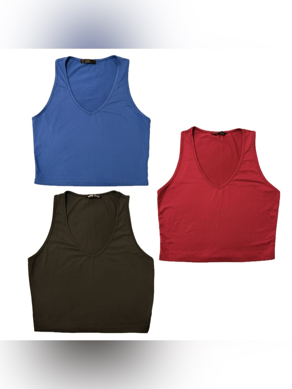 SHEIN V-Neck Crop Tank Trio - Blue, Red, Black